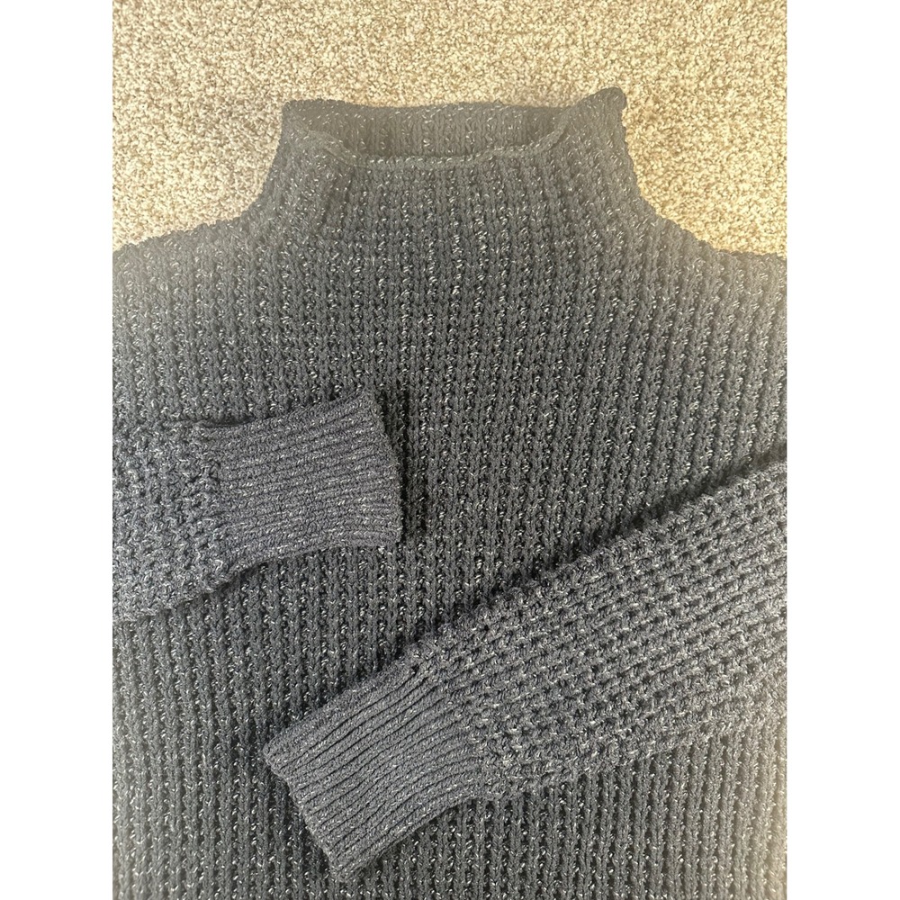 American Eagle Mock Neck Waffle Knit Sweater Black Marl Wool Blend Medium